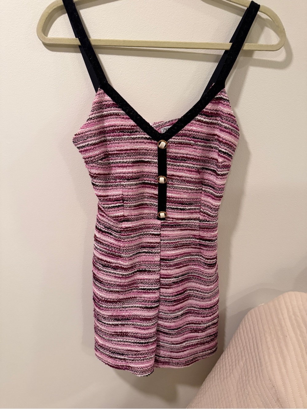 Zara Pink/Purple Striped Knit Romper with Black Trim